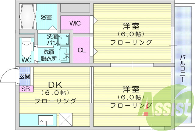 2DK、エアコン、バストイレ別、独立洗面