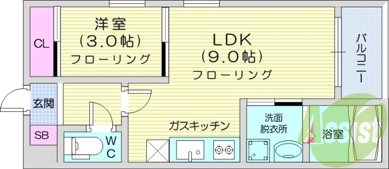 1LDK、ネット無料、バス停6分、浴室乾燥機