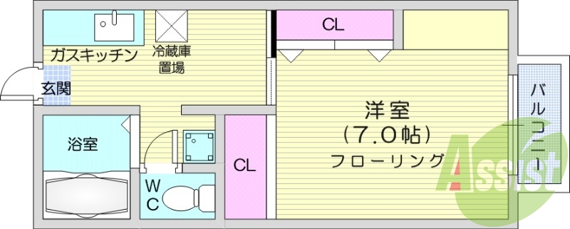 1K、エアコン、バストイレ別、プロパン、バルコニー
