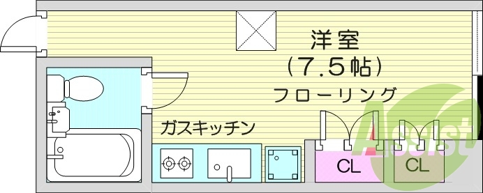 1R、バストイレ共同、家電付き、南向き、都市ガス