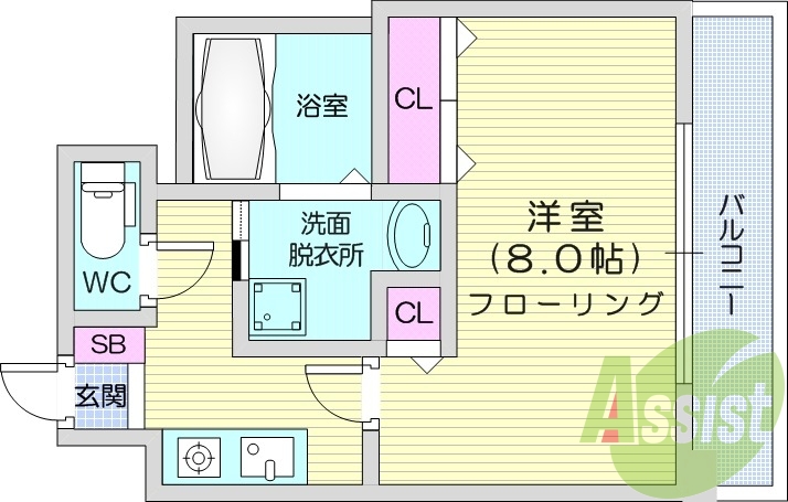 1K、ガスコンロ設置済み、独立洗面台、バストイレ別