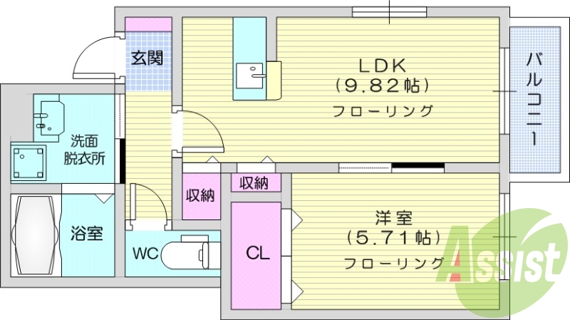 1LDK、エアコン、室内洗濯機置き場、トイレ浴室別、収納