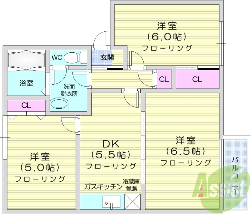 3DK、角部屋、独立洗面台、追い焚き機能、室内洗濯機置場