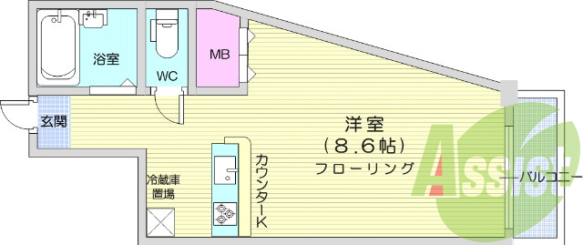 1R、南向き、陽当たり良好、ウォシュレットあり、バストイレ別