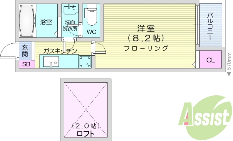 1K、ロフト、バルコニー、バストイレ別、洗面台独立