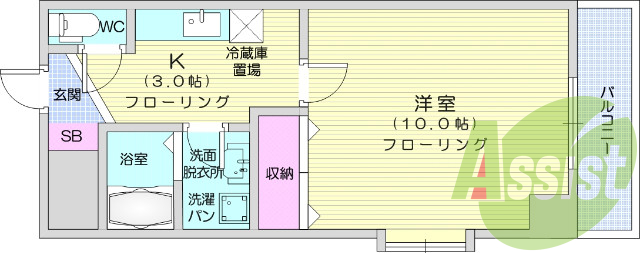 1K、エアコン、室内洗濯機置き場、トイレ浴室別
