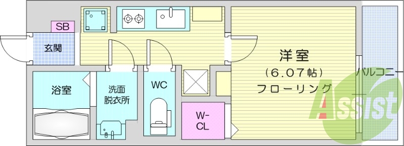 1K、浴室乾燥機、システムキッチン、バルコニー。