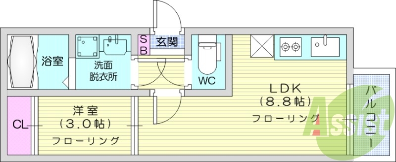 1LDK、エアコン、室内洗濯機置き場、トイレ浴室別、収納