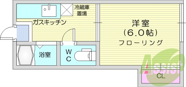 １K、エアコン、バストイレ別、フローリング