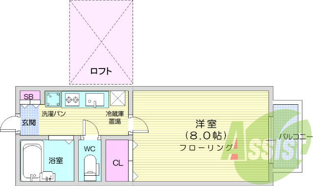 １K、バルコニー、ロフト、バス・トイレ別