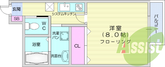 1K、モニター付きインターホン、バストイレ別
