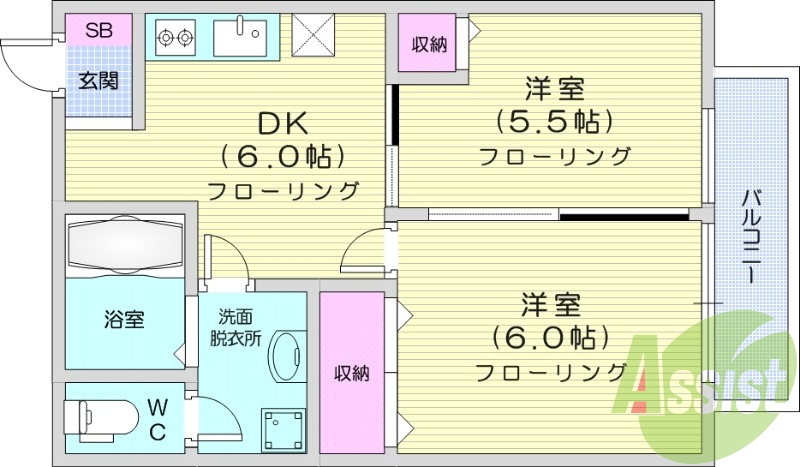 2ＤＫ、フローリング、独立洗面台、温水洗浄便座機能