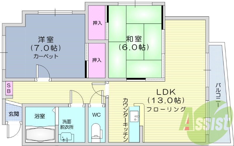 2LDK、追い炊き機能、温水洗浄便座付き、バス・トイレ別