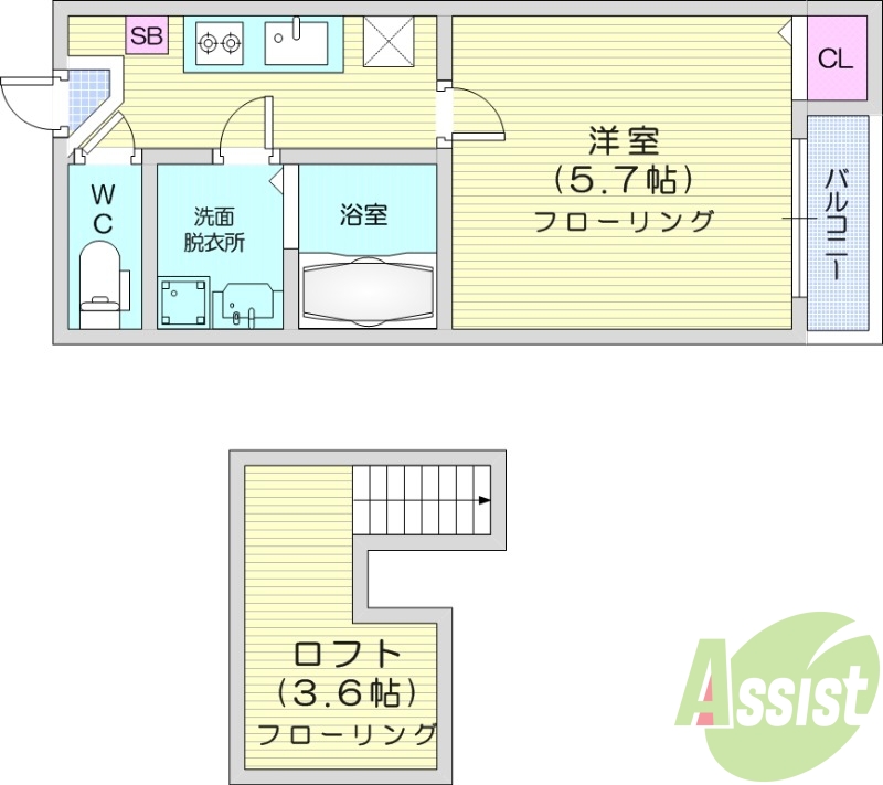 １K、ロフト、フローリング、エアコン、クローゼット