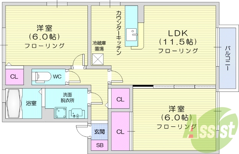 ２LDK、モニター付きインターホン、独立洗面台