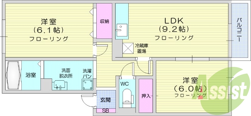 2ＬＤＫ、バス・トイレ別、追い焚き機能、室内物干し