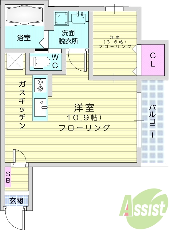 1LDK、バストイレ別、独立洗面台、オートロック。