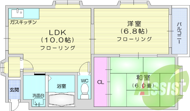 2LDK、角部屋、南向き、室内洗濯機置き場
