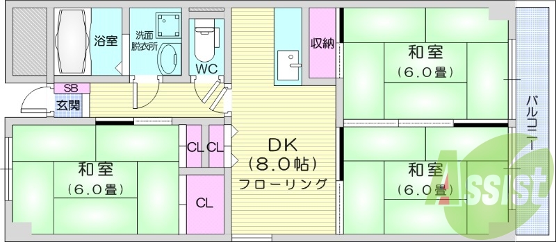 3DK、追い焚き、都市ガス、ガスキッチン独立洗面台