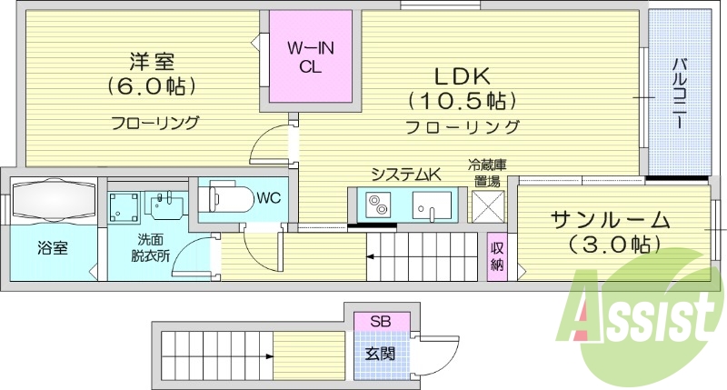 1LDK、サンルーム、南向き、ホームセキュリティ、ネット無料