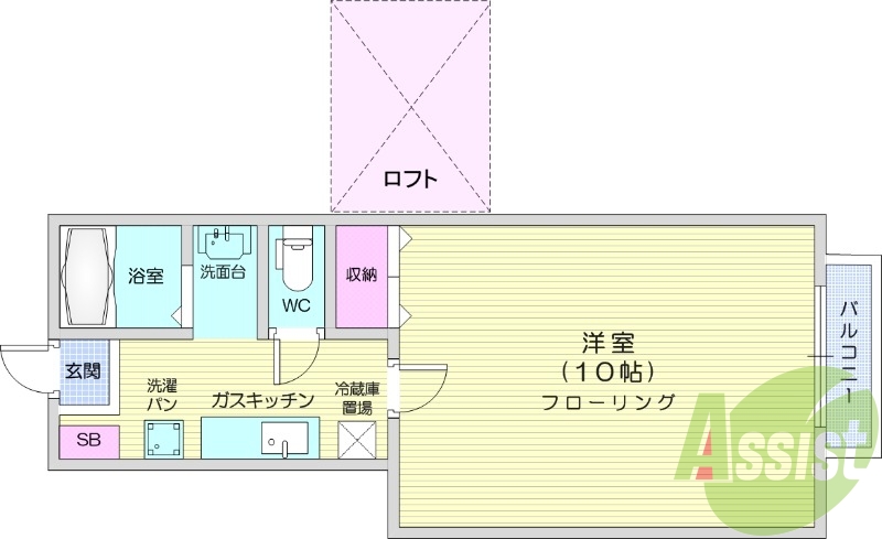 1K、ロフト付き、駐車場無料、バストイレ別。