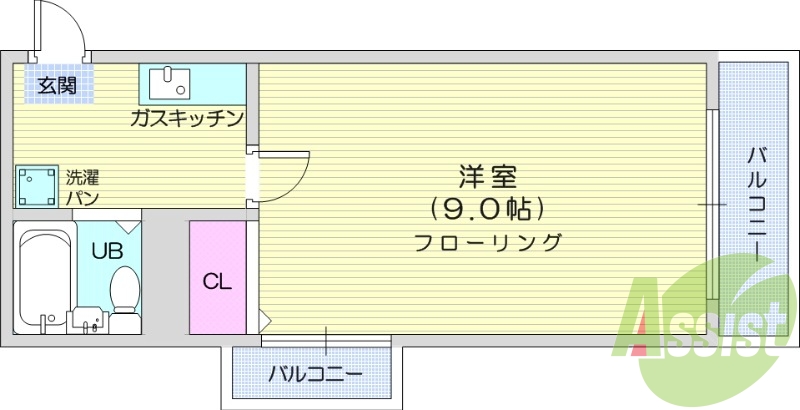 1K、温水洗浄便座、2面バルコニー、インターネット料不要