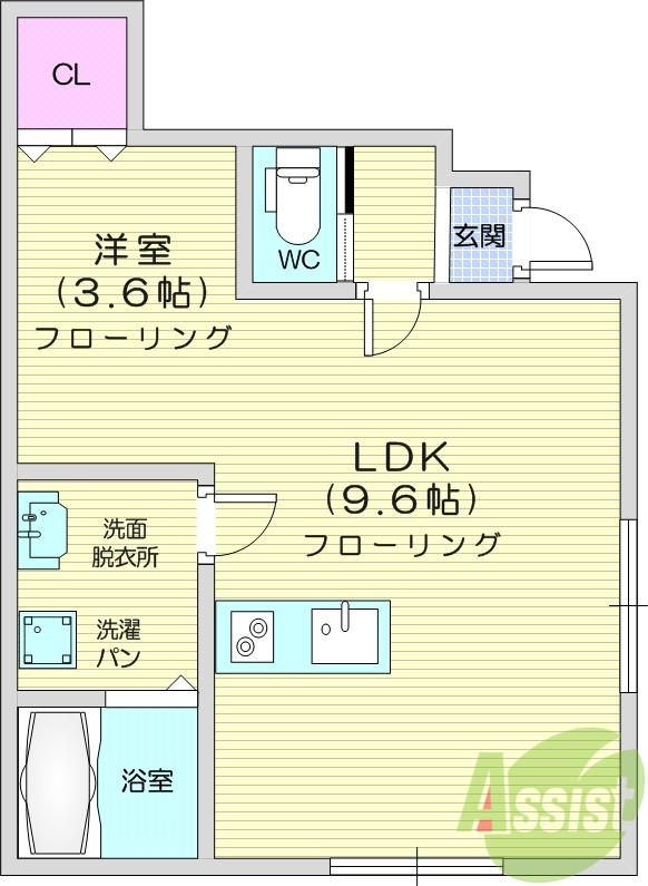 1LDK、追い炊き機能付き、温水洗浄便座付き、エアコン付き