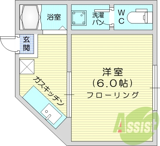 1K、室内洗濯機置き場、シャワートイレ、バストイレ別