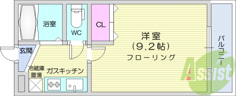 1K、モニターホン、エアコン、室内洗濯機置場
