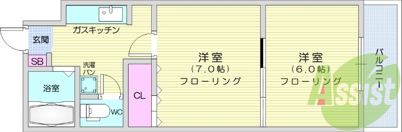 2K、都市ガス、バルコニー、モニター付インターホン。