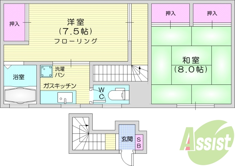 2*、和室、東向き、エアコン、給湯、洋室