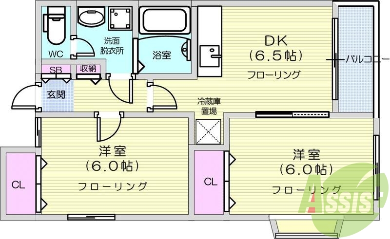 2DK、都市ガス、追い焚き、バルコニー、洗面台