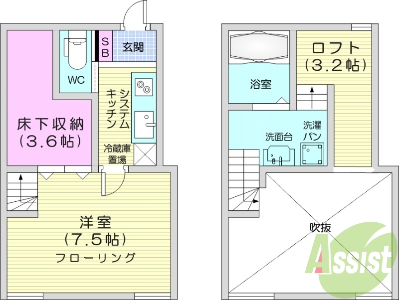 1K、バス・トイレ別。インターネット使用料無料。