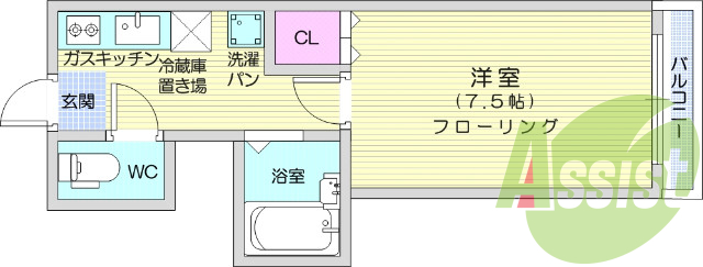 1K、バストイレ別、フローリング、TVインターホン