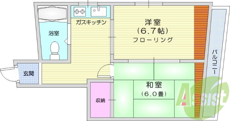 ２DK、全室フローリング、エアコン、独立洗面台、BT別