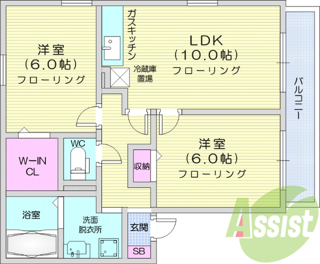2LDK、追い焚き、独立洗面台、ウォークインクローゼット
