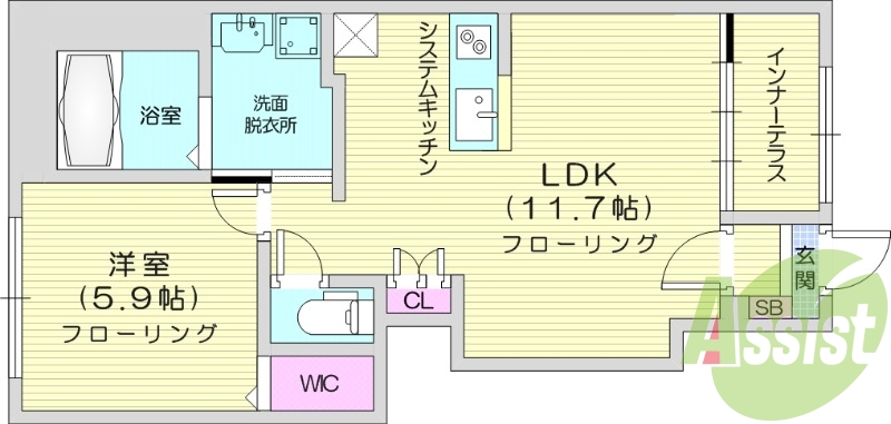 1LDK、インターネット無料、ウォークインクローゼット