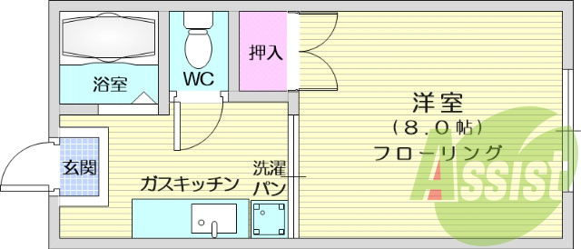 1K、押入、フローリング、室内洗濯機置場、バストイレ別