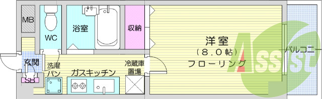 1Ｋ、バストイレ別、2口ガスコンロ設置可、ペット相談