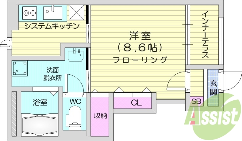 1K、エアコン、室内洗濯機置場、トイレ浴室別、収納