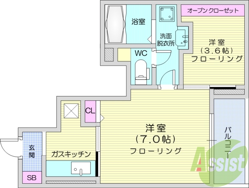 1SK、バルコニー、浴室乾燥機、西向き、バストイレ別、給湯