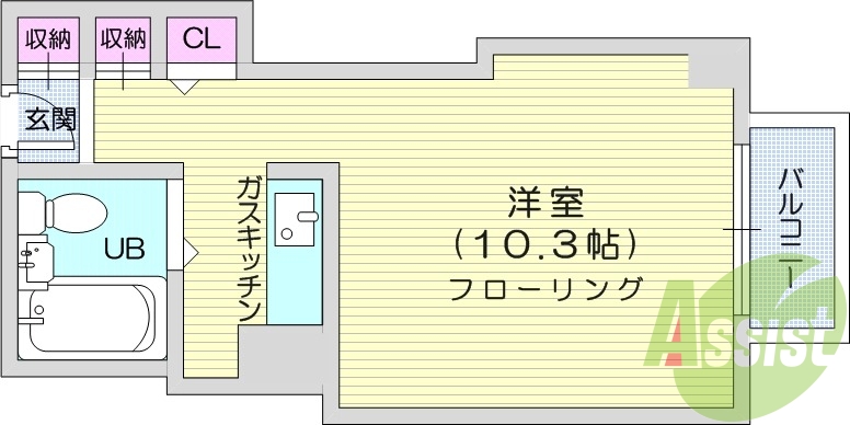 1R、オートロック、都市ガス、フローリング。