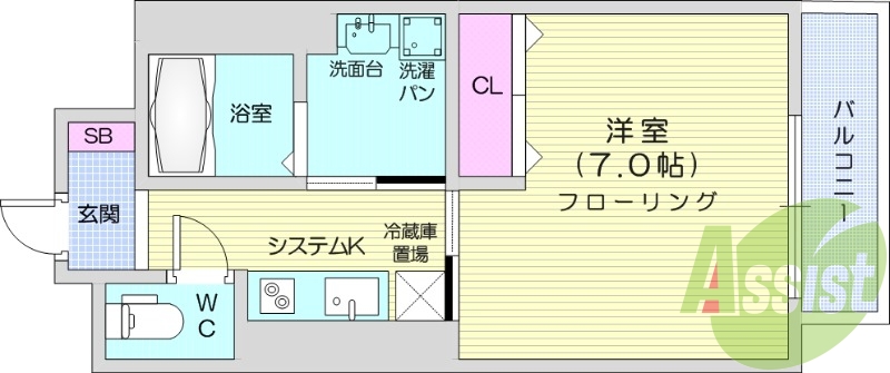1K、エアコン付き、インターネット無料、独立洗面台付き