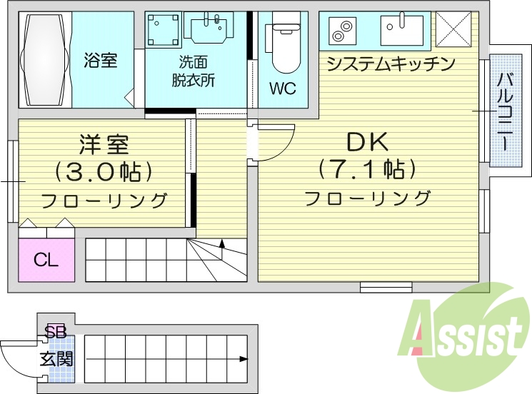 1DK、システムキッチン、モニター付きインターホン、エアコン