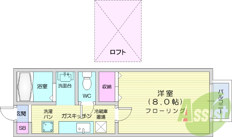 1K、ロフト付き、洋室8帖、独立洗面台、エアコン付き
