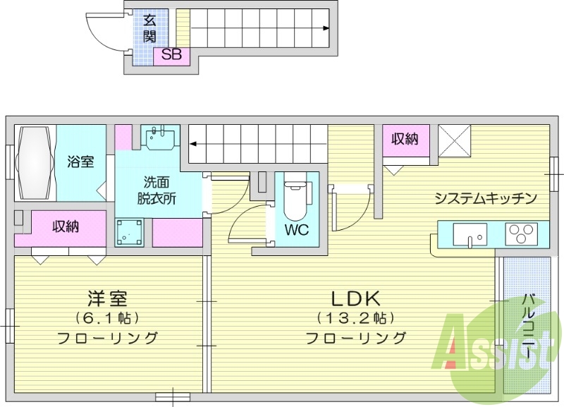 1LDK、インターネット使用料無料、エアコン２台、浴室乾燥機
