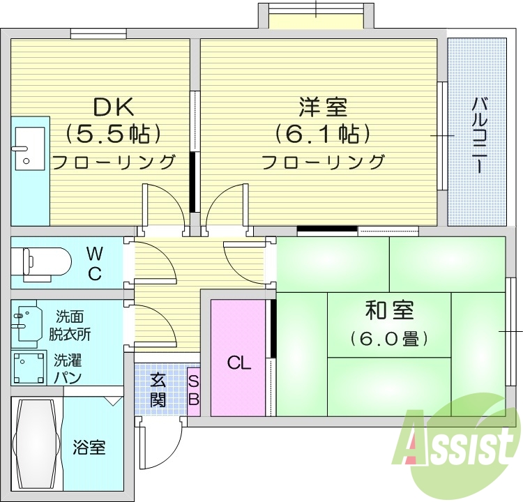 2DK、追い焚き、エアコン、BS、独立洗面台、物置