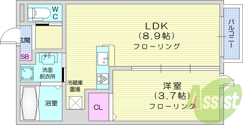 1LDK、エアコン、追い焚き機能、バストイレ別