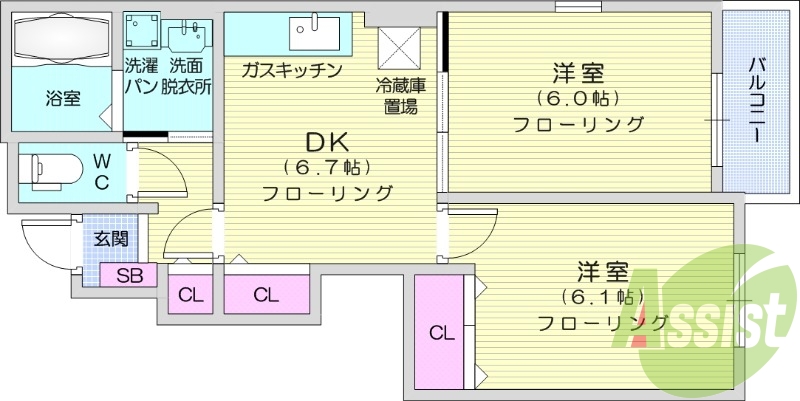 2DK、フローリング、都市ガス、モニター付きインターホン