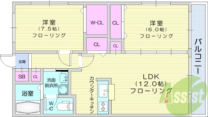 ２LDK、カウンターキッチン、ウォークインクローゼット